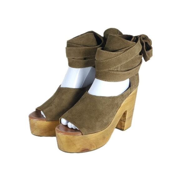 Free People Women's Touch The Sky 38 US7,5 Brown Leather Wrap Tie Heels Clogs - Picture 1 of 16